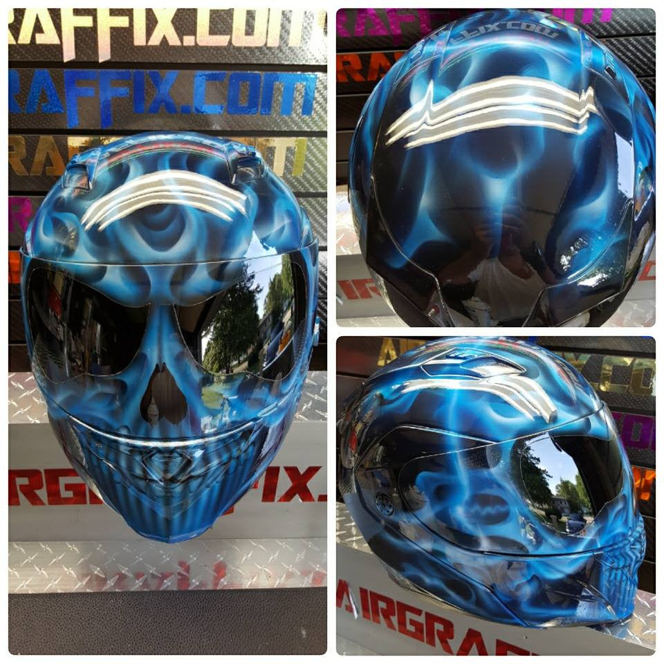 flaming skull motorcycle helmet Blue Flaming Skull